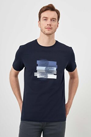  Erkek Lacivert Trend Süprem Baskılı Bisiklet Yaka Dynamic Fit T-Shirt