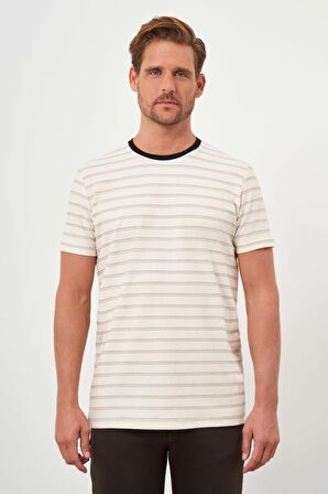  Erkek Bej Trend Natur Çizgili Bisiklet Yaka Dynamic Fit T-Shirt