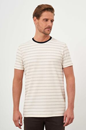  Erkek Bej Trend Natur Çizgili Bisiklet Yaka Dynamic Fit T-Shirt
