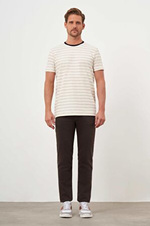  Erkek Bej Trend Natur Çizgili Bisiklet Yaka Dynamic Fit T-Shirt