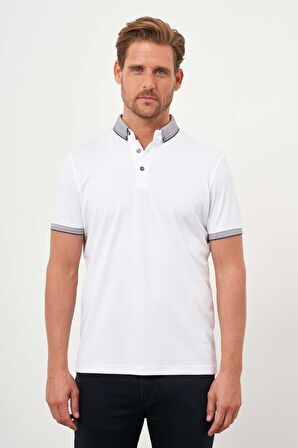  Erkek Beyaz Trend Merserize Düz Düğmeli Yaka Dynamic Fit T-Shirt