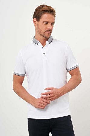  Erkek Beyaz Trend Merserize Düz Düğmeli Yaka Dynamic Fit T-Shirt