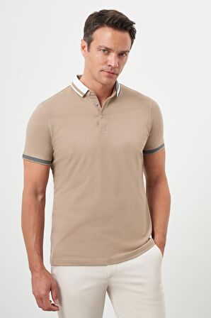  Erkek Bej Trend Compact Pike Düz Desen Düğmeli Yaka Dynamic Fit T-Shirt