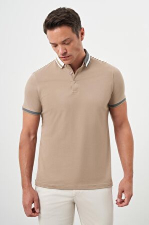  Erkek Bej Trend Compact Pike Düz Desen Düğmeli Yaka Dynamic Fit T-Shirt