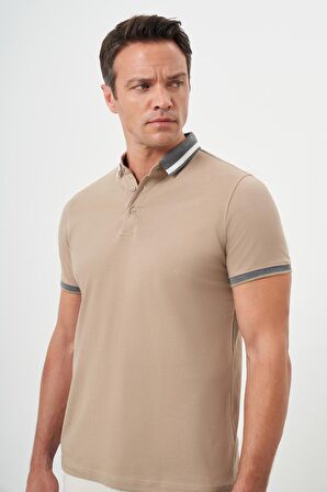  Erkek Bej Trend Compact Pike Düz Desen Düğmeli Yaka Dynamic Fit T-Shirt