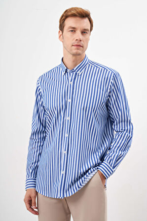  Erkek Lacivert Pamuk Çizgili Desen Cepli Düğmeli Yaka Regular Fit Gömlek