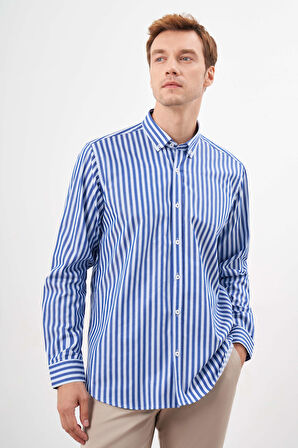  Erkek Lacivert Pamuk Çizgili Desen Cepli Düğmeli Yaka Regular Fit Gömlek