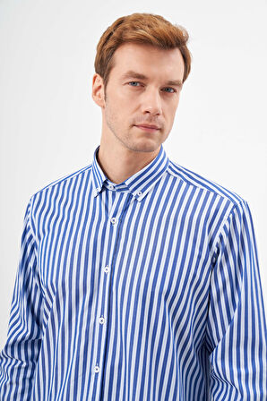  Erkek Lacivert Pamuk Çizgili Desen Cepli Düğmeli Yaka Regular Fit Gömlek