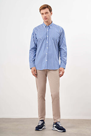  Erkek Lacivert Pamuk Çizgili Desen Cepli Düğmeli Yaka Regular Fit Gömlek