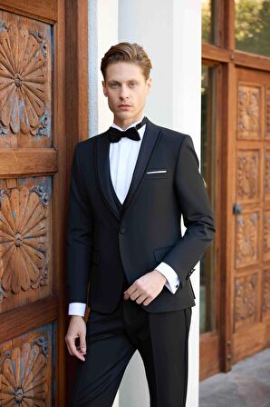  Erkek Lacivert Poliviskon Ceromonia Jakar Desen Slim Fit Şal Çıkma Yaka Damatlık