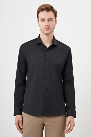  Erkek Siyah Basic Düz Desen İtalyan Yaka Slim Fit Gömlek