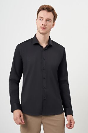  Erkek Siyah Basic Düz Desen İtalyan Yaka Slim Fit Gömlek