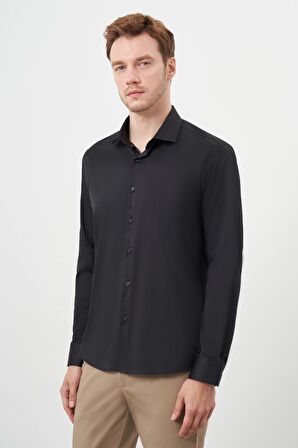  Erkek Siyah Basic Düz Desen İtalyan Yaka Slim Fit Gömlek