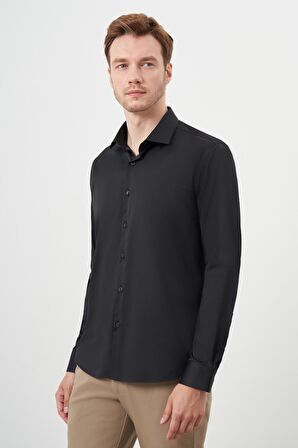  Erkek Siyah Basic Düz Desen İtalyan Yaka Slim Fit Gömlek