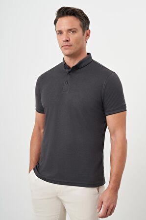  Erkek Siyah Trend Merserize Düz Düğmeli Yaka Dynamic Fit T-Shirt