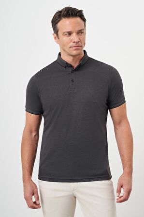  Erkek Siyah Trend Merserize Düz Düğmeli Yaka Dynamic Fit T-Shirt