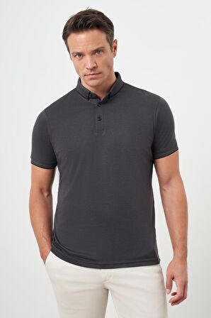  Erkek Siyah Trend Merserize Düz Düğmeli Yaka Dynamic Fit T-Shirt