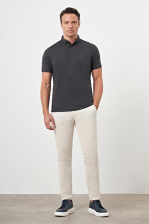  Erkek Siyah Trend Merserize Düz Düğmeli Yaka Dynamic Fit T-Shirt
