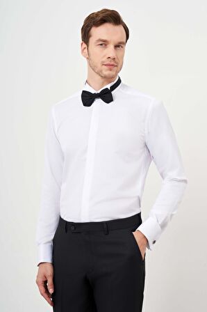  Erkek Beyaz Manşetli Jakar Desen Ata Yaka Slim Fit Gömlek