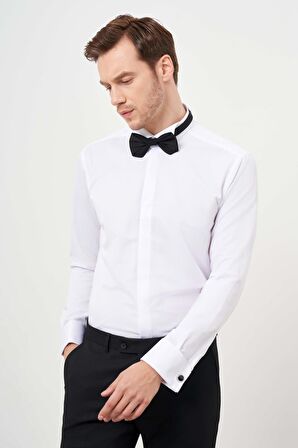  Erkek Beyaz Manşetli Jakar Desen Ata Yaka Slim Fit Gömlek