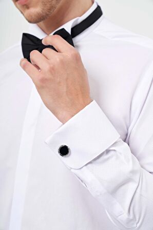  Erkek Beyaz Manşetli Jakar Desen Ata Yaka Slim Fit Gömlek