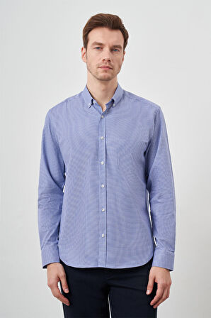  Erkek Mavi Pamuk Ekoseli Düğmeli Yaka Regular Fit Gömlek