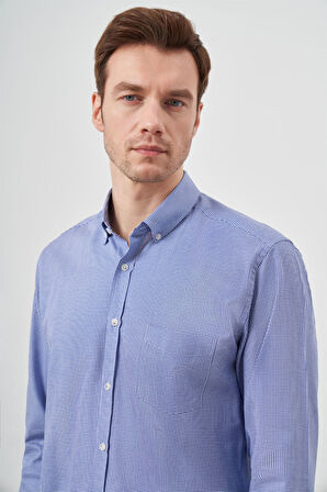  Erkek Mavi Pamuk Ekoseli Düğmeli Yaka Regular Fit Gömlek