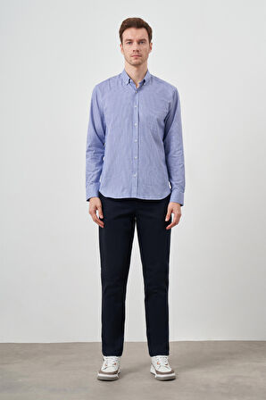  Erkek Mavi Pamuk Ekoseli Düğmeli Yaka Regular Fit Gömlek