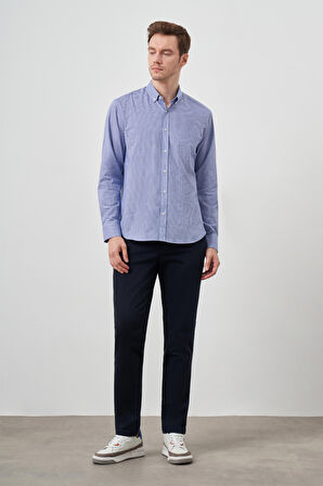  Erkek Mavi Pamuk Ekoseli Düğmeli Yaka Regular Fit Gömlek