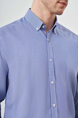  Erkek Mavi Pamuk Ekoseli Düğmeli Yaka Regular Fit Gömlek