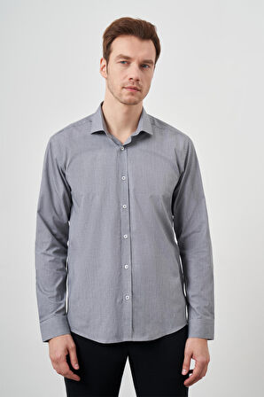  Erkek Siyah Pamuk Baskılı Desenli İtalyan Yaka Slim Fit Gömlek