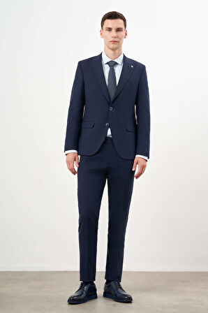  Erkek Lacivert Yünlü Platinium Ekoseli Slim Fit Mono Yaka Takım Elbise