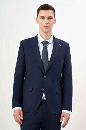  Erkek Lacivert Yünlü Platinium Ekoseli Slim Fit Mono Yaka Takım Elbise
