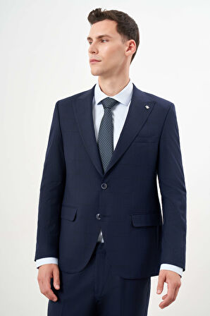  Erkek Lacivert Yünlü Platinium Ekoseli Slim Fit Mono Yaka Takım Elbise