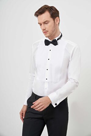  Erkek Beyaz Piliseli Ata Yaka Slim Fit Gömlek