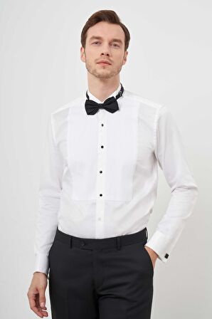  Erkek Beyaz Piliseli Ata Yaka Slim Fit Gömlek
