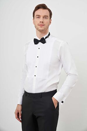  Erkek Beyaz Piliseli Ata Yaka Slim Fit Gömlek