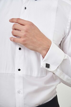  Erkek Beyaz Piliseli Ata Yaka Slim Fit Gömlek
