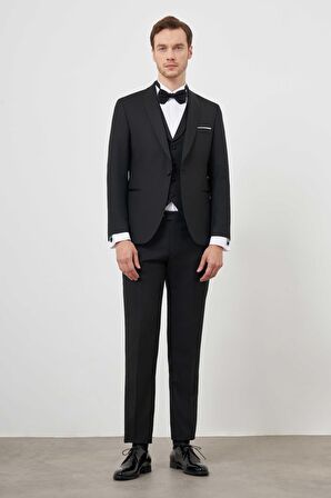  Erkek Siyah Poliviskon Ceromonia Santorini Slim Fit Şal Yaka Damatlık