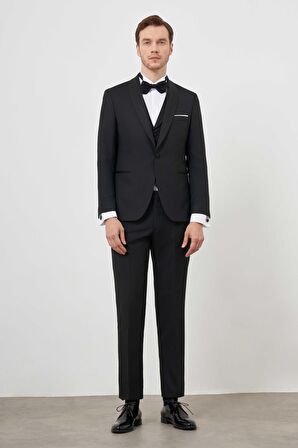  Erkek Siyah Poliviskon Ceromonia Santorini Slim Fit Şal Yaka Damatlık