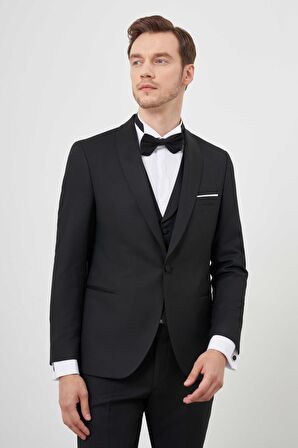  Erkek Siyah Poliviskon Ceromonia Santorini Slim Fit Şal Yaka Damatlık