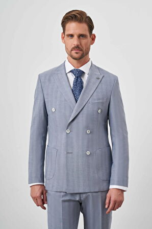 Erkek Lacivert Poliviskon Trend Kruvaze Slim Fit Sivri Yaka Takım Elbise