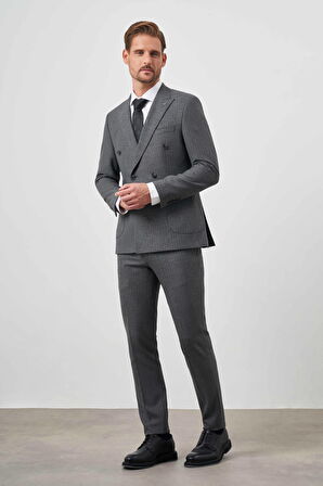  Erkek Gri Poliviskon Trend Kruvaze Slim Fit Sivri Yaka Takım Elbise