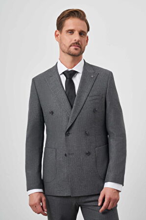  Erkek Gri Poliviskon Trend Kruvaze Slim Fit Sivri Yaka Takım Elbise