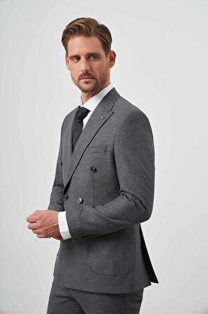  Erkek Gri Poliviskon Trend Kruvaze Slim Fit Sivri Yaka Takım Elbise