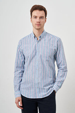  Erkek Turkuaz Keten Panolu Düğmeli Yaka Regular Fit Gömlek