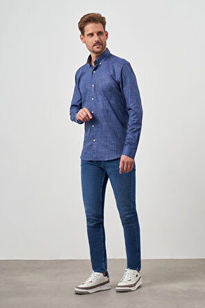  Erkek Lacivert Pamuk Baskılı Desenli Düğmeli Yaka Slim Fit Gömlek