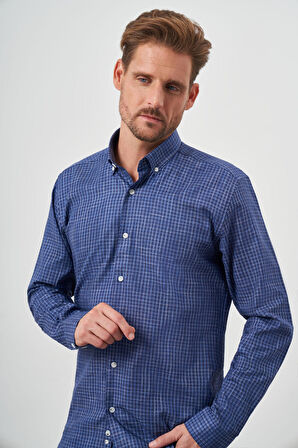  Erkek Lacivert Pamuk Baskılı Desenli Düğmeli Yaka Slim Fit Gömlek