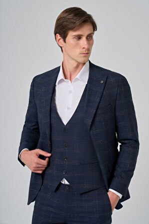  Erkek Lacivert Poliviskon Trend Yelekli Ekoseli Slim Fit Sivri Yaka Takım Elbise