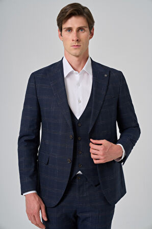  Erkek Lacivert Poliviskon Trend Yelekli Ekoseli Slim Fit Sivri Yaka Takım Elbise